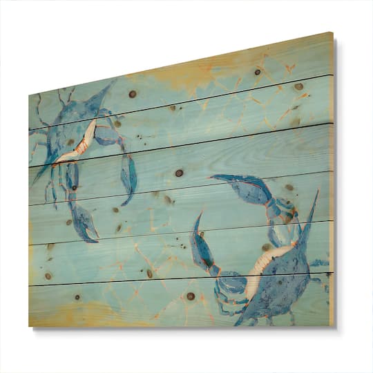 Designart - Blue Coastal crab Battle - Nautical &#x26; Coastal Print on Natural Pine Wood